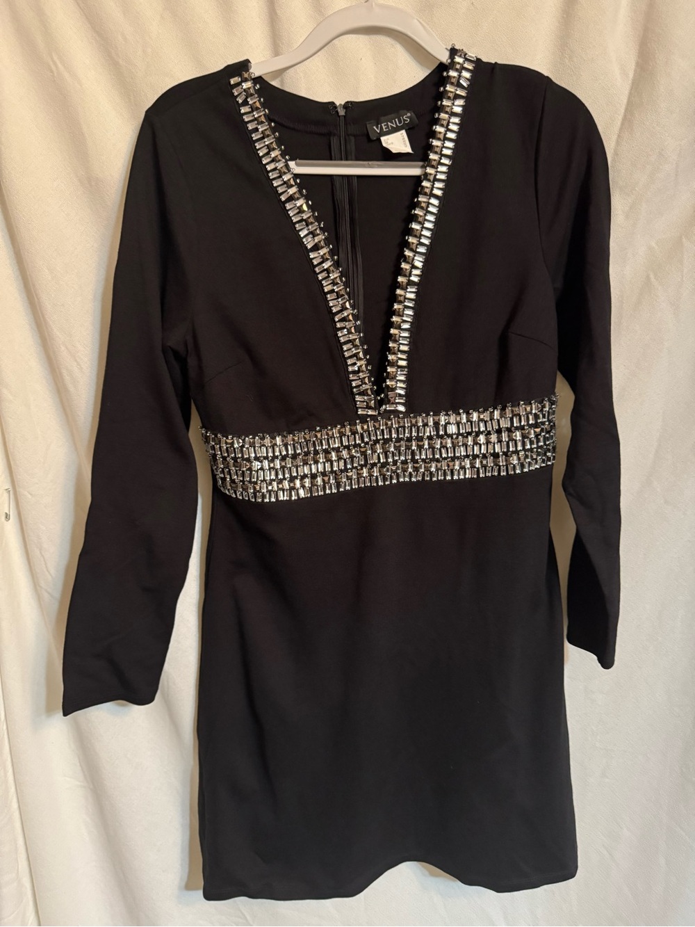 Black Embellished Long Sleeve V-Neck Dress